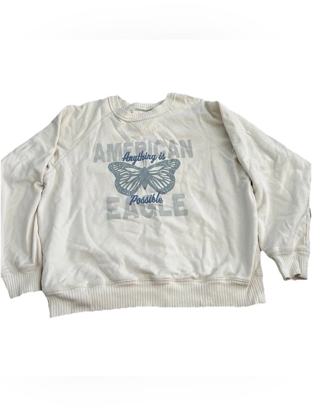 American Eagle Cream sweater pullover Top with Blue Butterfly Design